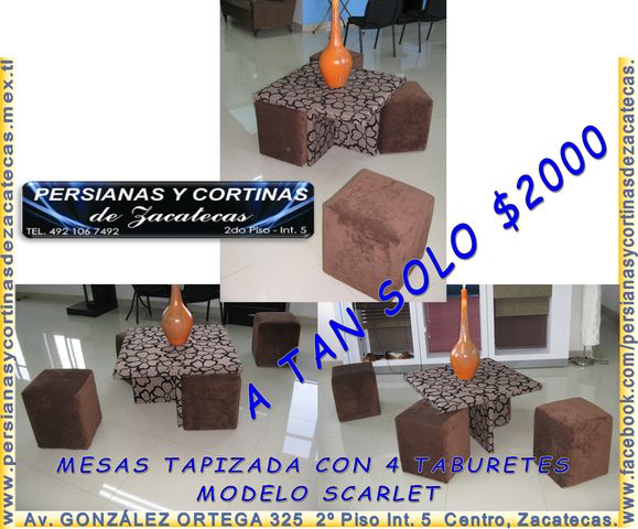 TRAEMOS PARA TI, ESTA MESA TAPIZADA CON 4 TABURETES MODELO SCARLET, IDEAL PARA LOS ESPACIOS PEQUEÑOS, PRACTICA Y FUNCIONAL. ADQUIERELA POR TAN SOLO $2000 PESOS...